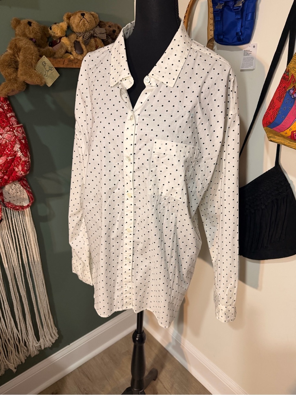 J.Jill NWT Polka Dot Button Front Shirt Large Oversized Relaxed Fit